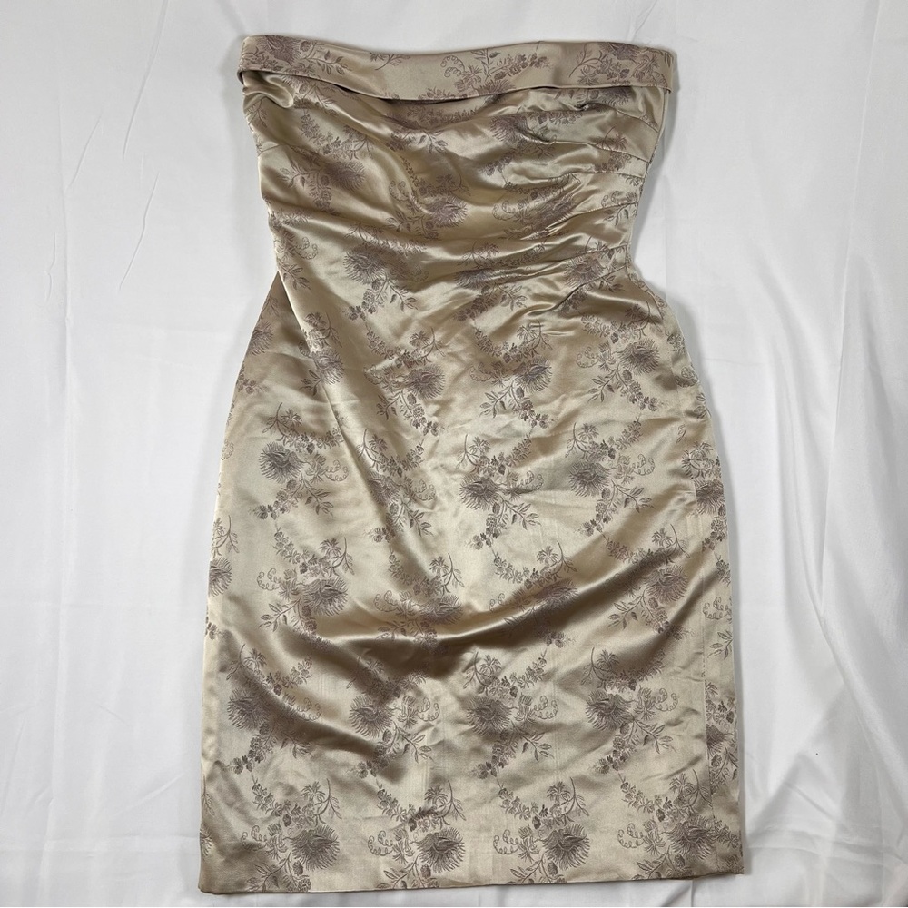 Vintage Kay Unger Silk Gold Metallic Floral Strapless Dress Size 10